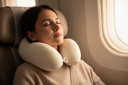 Personne portant l'oreiller cervical NuitZen en voyage